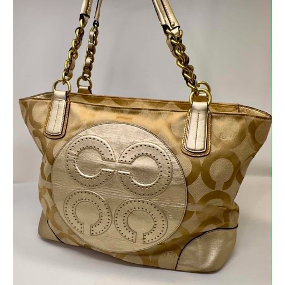 Coach 16487 Collette Op Art Signature Glam Tote Purse Gold Metallic Chain RARE